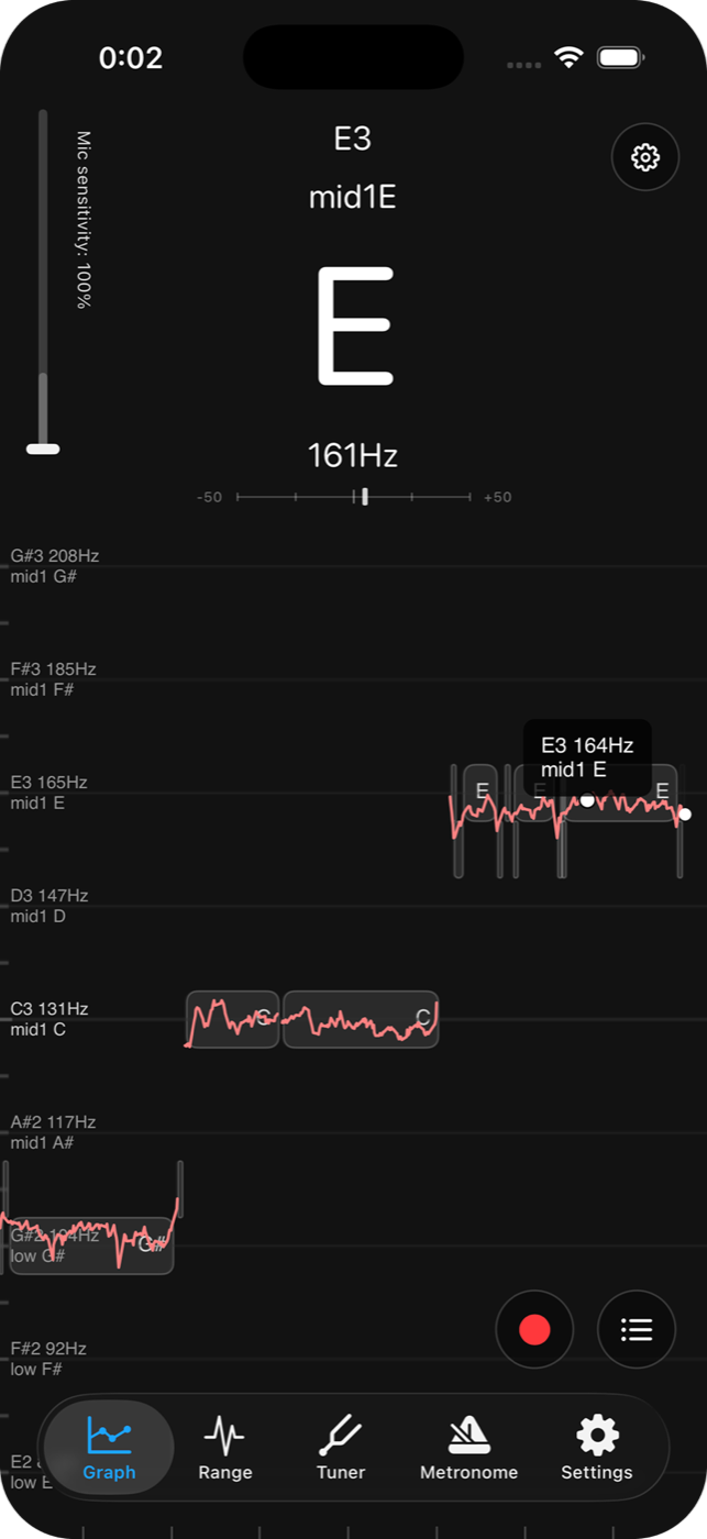 Pitch Checker showing a sung note and its live pitch graph
