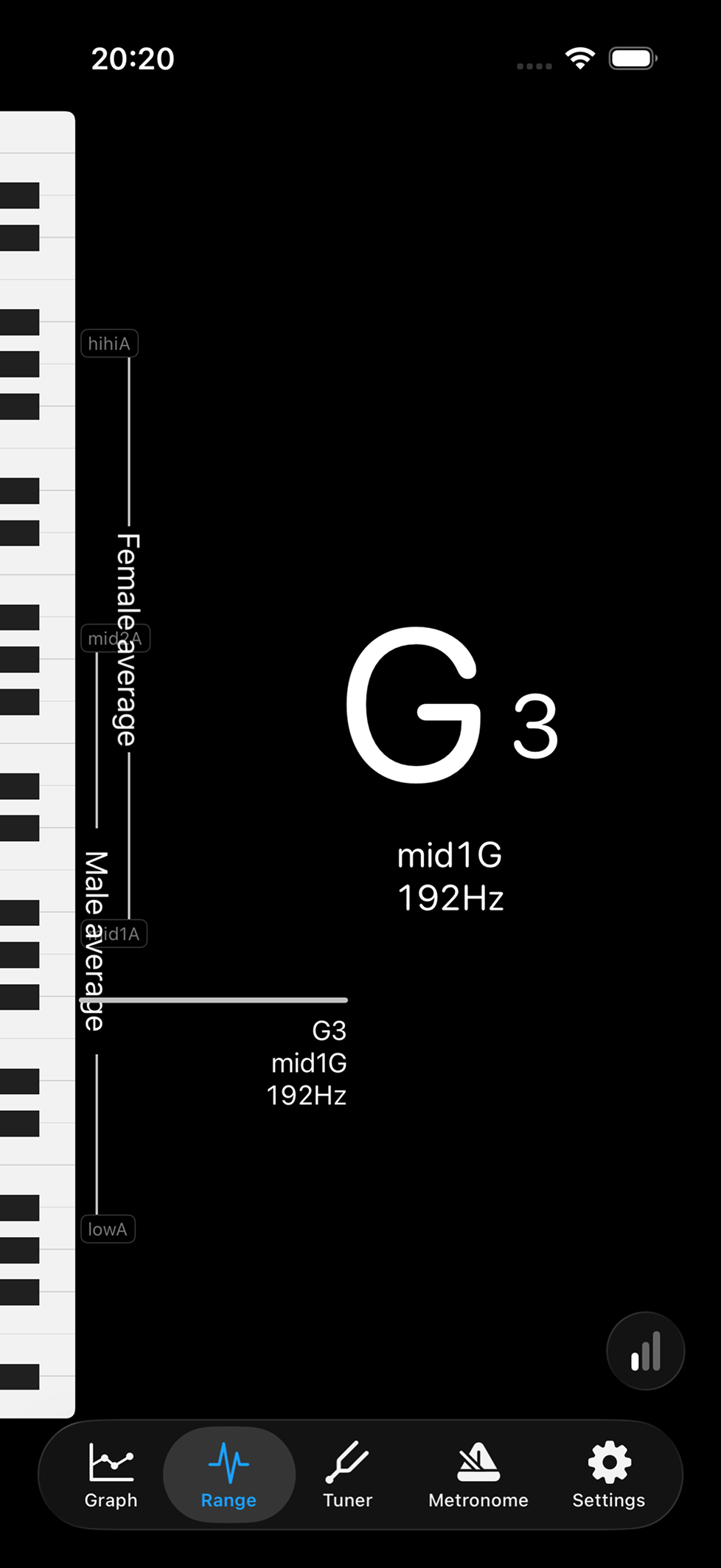 Vocal range screen with a piano keyboard and detected note